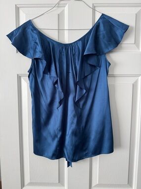 Rebecca Taylor Blue Satin Ruffle sleeve blouse. Tie in back. Size 10